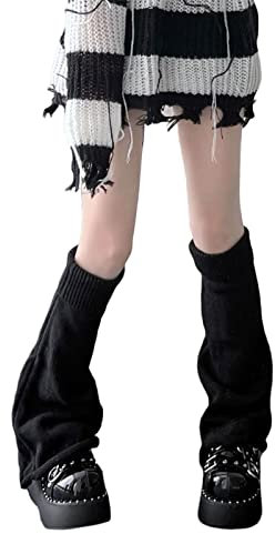 Felcia Damen Gestrickte Beinstulpen Gothic Lolita Preppy Style Baggy Kniestrümpfe Kawaii Gerippte Beinwärmer für Teenager Mädchen, A-schwarz, One size