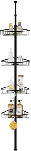 QIUFEN Telescópica Estantería Ducha, Esquina Estante Ducha, Estanteria baño Sin Taladro, Estanteria Ducha con 4 Cestas para Bañera y Baño, Altura Ajustable 73-302 CM (Negro)