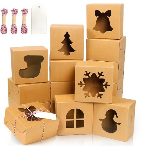 BEAVOING 24 PCS Brown Bakery Boxes with Window, 6x6x3 Inch Christmas Cookie Boxes for Gift Giving, 6 Inch Small Treat Boxes for Mini Cake Pastry Dessert Strawberries Cupcakes Candy Donut Packaging