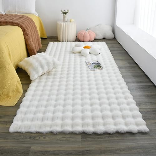 MAIFURUN Mode-Bubble-Blumen-Teppich, Bubble-Samt-Wohnzimmerteppich, Bequeme Plüschdecke, Kissen, Nachttisch-Sofakissen, Waschbare Teppiche,White-90x120CM