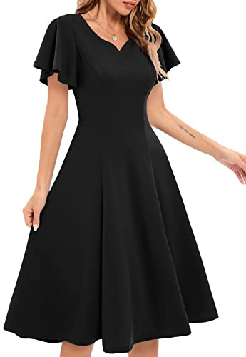 HomRain Black Cocktail Prom Dress for Funeral Casual Semi Formal Knee Length Wedding Guest Dress for Women Elegant Graduation Party with Short Sleeves Midi Evening Party Dresses, Black L