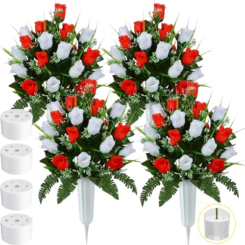 Crowye 4 Sets Artificial Cemetery Flowers for Grave with Vase 96 Heads Rose Bouquet Decoration Arrangement Silk Memorial Flowers for Headstones Gravesite Memorial Day(Red, White)