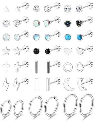 JeweBella 21Pairs Petites Boucles d'Oreilles Femme Acier Chirurgical Boucles d'oreilles Cartilage Hypoallergénique Étoile Lune CZ Boucles d'oreilles Créoles Argent Piercing Clou d'Oreille Ensemble