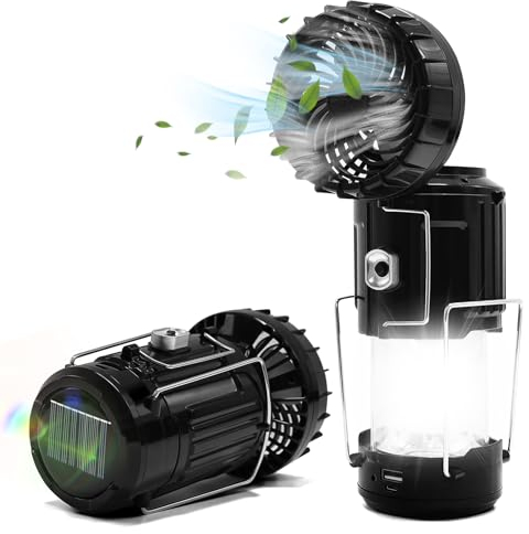 Civikyle 1-Pieza Ventilador de camping con luz LED Lámpara de camping USB/solar/batería recargable Linterna Accesorios de camping al aire libre Gadgets