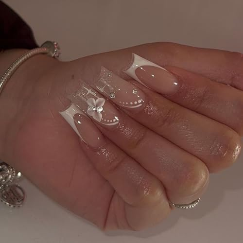 Goiern 24PCS Long Press on Nails Nude Square Clear Fake Nails French Full Cover Bling Acrylic False Rhinestone Nails Butterfly Design Nails for Women and Girls