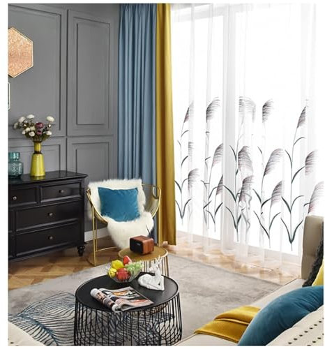 Vorhänge Weiß Grün 2er Set mit Haken 107x229CM, Gardinen für Schienensystem Nordisch mit Schilfrohr Motiv Gardinenschals Baumwolle Halbtransparent für Wohnzimmer Schlafzimmer Küche