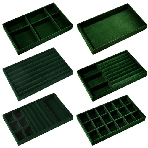 Cnwinu 6Pcs Schmuckaufbewahrung,Schmucktablett,Schmuck Organizer Schublade,Samt Stapelbar Schmuckeinsatz,Schmuckaufbewahrung Schublade für Ohrringe Ring Armband Broschen Halsketten (Grün)