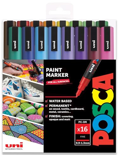 Posca PC-3M Permanentmarker, wasserbasiert, für verschiedene Oberflächen, 0,9–1,3 mm fein, Set mit 16 Stiften in Kunststoff-Geschenketui, Vollspektrum