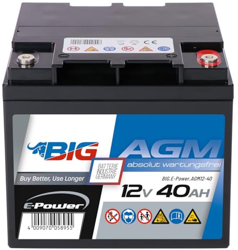 BIG E-Power AGM Versorgerbatterie: Ideal für Wohnmobil, Caravan, Photovoltaik, Inselanlagen, Solaranlagen, Camping, Marine, Gartenhütte, Unabhängige Stromversorgung, Windkraftanlagen (12V - 40Ah)