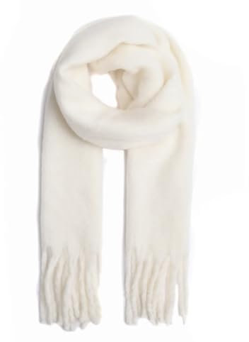 stylx Damen Web Strickschal UNI FARBEN und langen dicken FRANSEN, warmer Winter, Stola (UNI weiß)