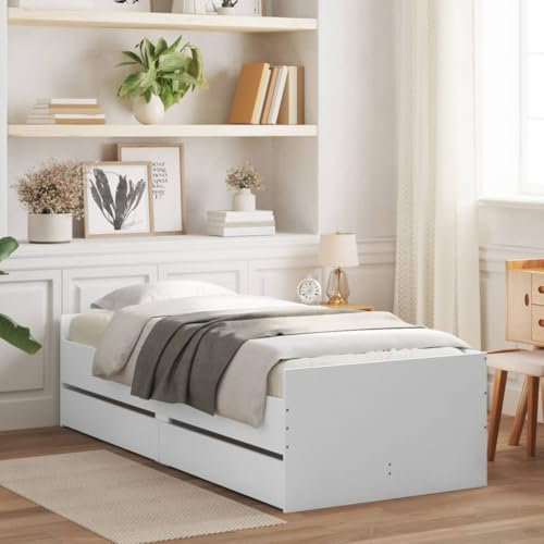 THOYTOUI Bettgestell, Bett Bettsystem Bettrahmen Seniorenbett Geeignet für Wohnungen Hotels Schlafzimmer Gästezimmer mit Schubladen Weiß 90x190 cm