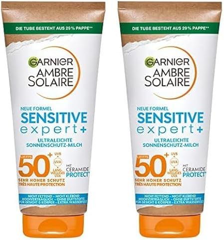 Garnier Sonnenschutzmilch mit LSF 50+, Sehr leichte und rückstandslose Sonnencreme für helle und empfindliche Haut, Ambre Solaire Sensitive expert+, 1 x 175 ml (Packung mit 2)