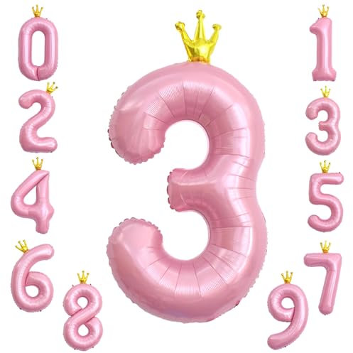 KOBOKO Zahlen Luftballon 3 Rosa, 40 Zoll Folienballon für 3. Geburtstag Mädchen, Luftballons 3 Jahre, Zahlenballon mit Krone, Zahl 3 Helium Ballon für Party Deko