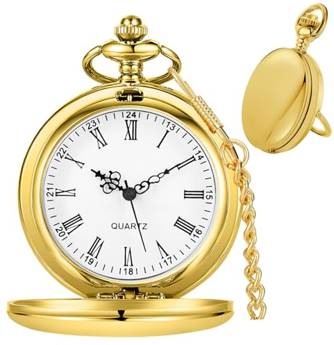 Tiong Herren-Taschenuhr aus glattem Stahl, römische Ziffern, Skala, Quarz-Taschenuhren mit Kette für Männer und Frauen