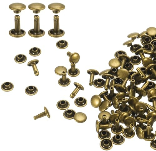 QUARKZMAN 60 Sets Doble Tapa Remaches de Cuero, 7x8mm Remaches Metálicos Redondos Tubulares para Cuero, para Cinturones Reparación Decoración, Collares de Mascotas, Botas, Bolsos, Bronce