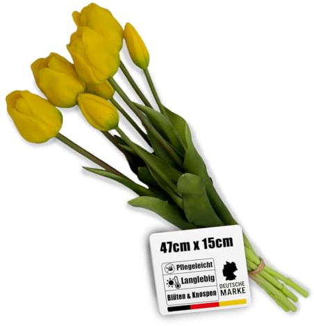 Botanic-Haus künstliches Tulpenbündel/künstlicher Tulpenbund Sandy lang mit 4 Tulpen und 3 Tulpenknospen Farbe: gelb real Touch, erfrischende künstliche Blumen für Ihre Frühjahrsdeko
