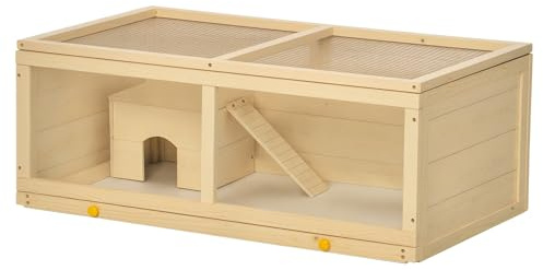 PawHut Wooden Hamster Cage, Small Animal Cage with Sliding Tray, Openable Top, Hut, Exercise Play House for Syrian Hamsters, Natural Wood Finish