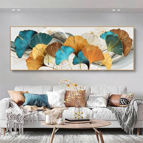 Blau Grün Gelb Blattgold Pflanze Blume Leinwand Malerei Poster Abstrakte Wandkunst Nordische Moderne Bilder Wohnzimmer Dekor 60x180cm Rahmenlos