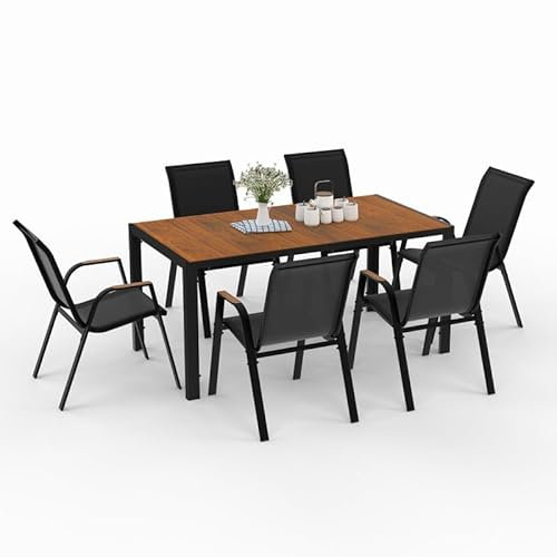 IDMarket - Gartenmöbel, Noumea, Tisch, 150 cm, Tischplatte aus gehärtetem Glas, Holzoptik und 6 stapelbare Stühle, Schwarz und Holz