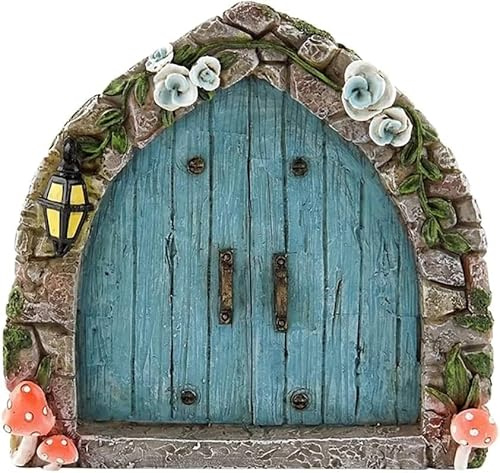 Clockjuan Blaue Feentür und Fenster, Baum - leuchtet im Dunkeln, Hofkunst-Skulptur Dekoration für Kinderzimmer, Wand, Outdoor, Miniatur-Gartendekoration, Zubehör, Gartenskulpturen