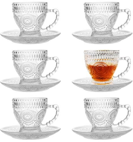 Set di 6 tazze da tè e piattini in vetro, stile vintage, set di tazze da tè per espresso, cappuccino, latte, lavabili in lavastoviglie e adatte al microonde, 210 ml