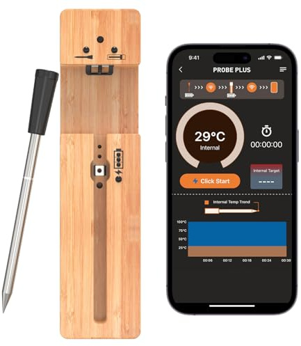 WEETIEE Fino a 100 m a lungo raggio termometro per carne digitale senza fili termometro da cucina Bluetooth intelligente termometro per barbecue, controllo tramite app, manico in ceramica, per griglia