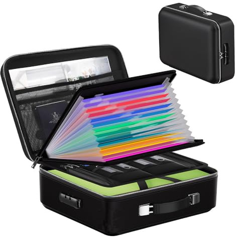NEWFUN Bolsa Ignifuga, Caja para Documentos Ignífuga, Bolsa Impermeable Ignífuga para Documentos, Bolsa Rígida con Cerradura con 12 Compartimentos para Documentos A4, Certificados, Pasaportes, etc.