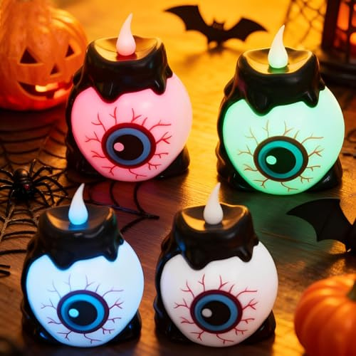Halloween Augäpfel Kerzenlich,4Stück LED Halloween Deko Kerzen Licht,Flammenlos Batterie Teelichter Augäpfel Kerzenlichter Dekoration HalloweenKerzen für Halloweens Party Innen Außen Home Tischdeko