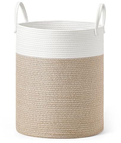 SONGMICS Laundry Basket, Laundry Hamper for Children, Cotton Rope Storage Basket with Handles, for Blankets, Toys, Living Room, Bedroom, Children's Room, 60 L, White and Greyish Brown RLH061LZ01