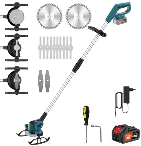 Desbrozadora Batería, 21V Desbrozadora Eléctrico con Batería de 3,0Ah, Recortador de Bordes y Cortacésped 2 en 1, con 3 Tipos de Cuchillas, para Jardines, Céspedes, Patios (Azul, con 1 Bateria)