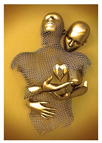 Figure Statue 3D Wall Art Decor, Gold/Gray Abstract Steel Wire Metal Figure Sculpture Couple Embrace Hanging Painting, Romantic Couple Canvas wall art for Living Room, Modern Wall Art(GoldA,100cm)