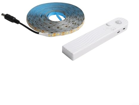 Bewegungsmelder-Lichtleiste mit Infrarot- und Lichtsteuerung, einstellbarer Timer, Dual-USB-Batterie, flexibles wasserdichtes IP65-LED-Band für Schrank- oder Treppenbeleuchtung (warmes Licht, 5 m)