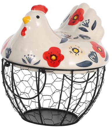 NOLITOY Metal Wire Egg Basket with Ceramic Chicken Lid Dustproof Fresh Egg Holder For Kitchen Multifunctional Harvest Festival Storage and Decorative Basket