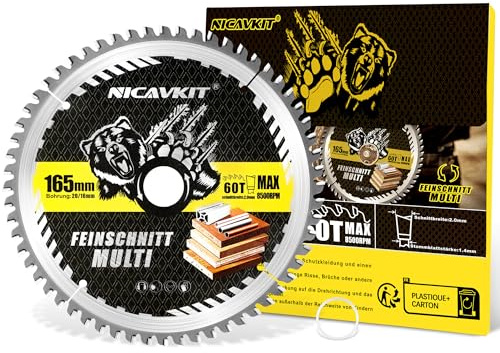 NICAVKIT Ø165 x 20 mm Kreissägeblatt für Holz, Metall & Alu uvm. Inkl. 16mm Reduzierring - Multi Material Feinschnitt Sägeblatt 160x20 Kompatibel als Bosch, Makita & Dewalt usw.