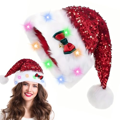 Weihnachtsmützen Erwachsene, Bunte LED Nikolausmütze, Doppellagiger Plüsch Weihnachtsmann Mütze, Rote Pailletten-Schleifendekoration, Unisex, für Weihnachtsfeiern, Neujahrsgeschenke, Winterfeiern