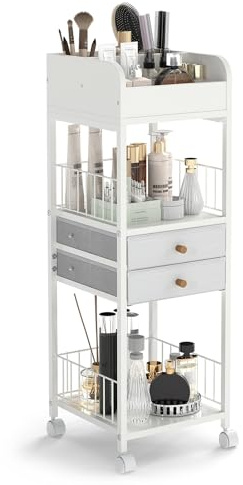 COSTWAY Organizer per Trucco, Carrello Organizzatore con Cassetti e Ripiani, con Ruote, Supporto per Vetrine Cosmetiche, Smalto per Unghie, Profumo, 30x30x90 cm