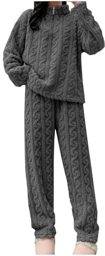 Generisch - Pigiama invernale da donna, caldo in flanella, indumenti da notte in pile, completo a due pezzi, outfit da casa, pigiama a maniche lunghe e pantaloni, accogliente, elegante, in tinta unita