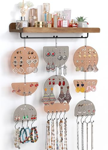 Keebofly Wall Mounted Jewelry Organizer, Boho Hanging Earring Holder with Wood Shelf & Necklace Hooks, Acrylic Pegboard Earring Display Rack for 100+ Pairs Studs, Hoops & Dangles, Decorative Storage
