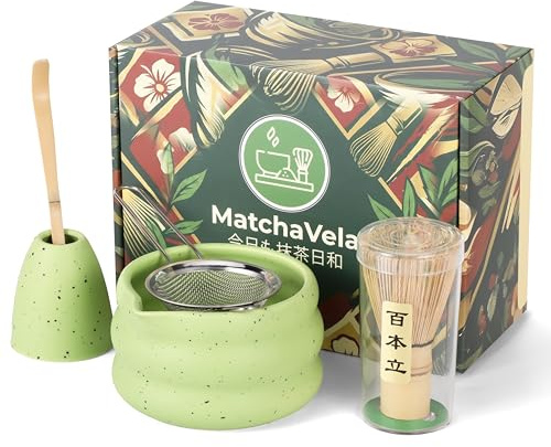 MATCHAVELA® Matcha Whisk Set - 5 Pcs | Complete Japanese Matcha Tea Making Kit | Ceramic Bowl & Whisk Holder, Bamboo Whisk & Scoop, Stainless Steel Sifter | Perfect Matcha Starter Kit Gift Set - Green