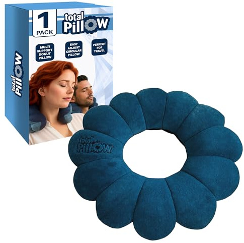 Total Pillow Oreillers en Forme de Donut pour Avion et Voyage, Coussin de Nuque Confortable en microbilles pour Cou, tête, Dos, Soutien Lombaire et pelvien, s'adapte à de Nombreuses Positions, Bleu