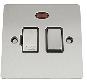 Fused Switch with Neon - Satin Matt Chrome Flat - Black Insert Metal Rocker Switch - 13 Amp Switched Fused Spur Unit