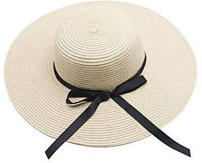 Damen Schleife Faltbar UV Schutz Sonnenhut Strohhut Strandhut Sommerhut Floppy Hut Beige