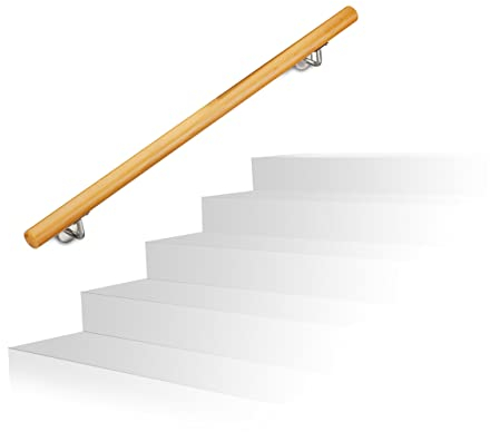 Relaxdays Corrimano in Legno di Faggio, Staffe e Tasselli per Montaggio, Rustico, Diametro 42 mm PE, Acciaio Inox, Marrone Chiaro, 1000 mm/100 cm/1 M