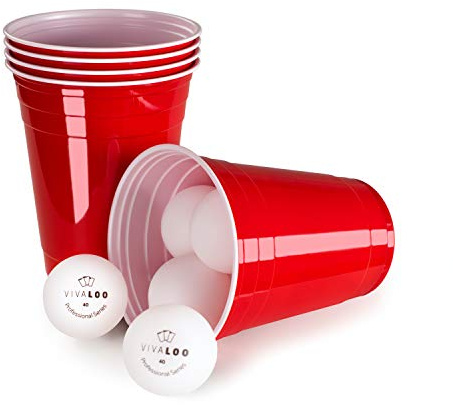 Vivaloo 250 återanvändbara partymuggar inkl. 24 bollar - Original American Red Cups drickmuggar, originalstorlek 16oz (473ml) dryckesmuggar - Diskmaskinssäkra röda partymuggar i plast