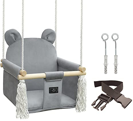 NATILU® Babyschaukel Set Indoor Outdoor | Bär Grey Velvet | Schaukel | Kinderschaukel | Kindergartenschaukel | Kleinkindschaukel | Holzschaukel | Schaukelsitz | Swing ab 6M+ für Zuhause, Garten