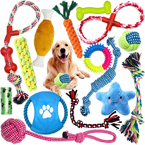 MUOIVG Ensemble Lot de 15 de Jouets, durables Indestructible Jouet à Mâcher Corde de Dentition pour Petit et Moyen Chien,Jouet Interactif