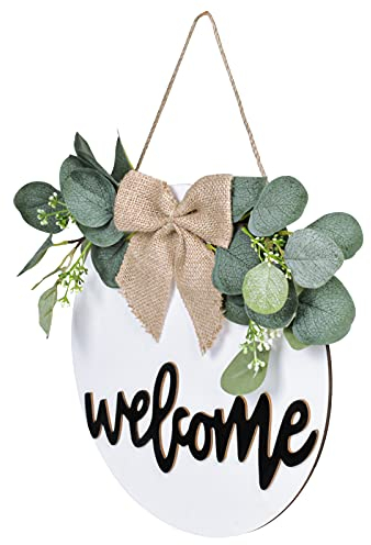 HQdeal Cartello di Benvenuto per Porta d'ingresso, Cartello di Benvenuto Rotondo in Lengo da Appendere, con Fiocco e Foglie Artificiali, per Decorazione di Matrimonio Giardino Porta (Bianca)