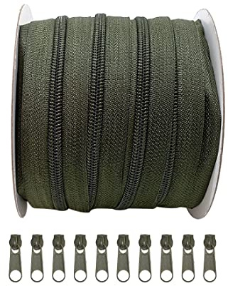 10 Metri di Chiusure Lampo in Nylon + 10 Cursori Liberi Tiretti in Metallo, Cerniera per Cucire, Chiusure Lampo al Metro per Cucire su Vestiti, Tessuti, Chiusuri Lampo al Metro n.3, (verde 3075)