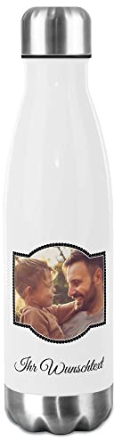 Trinkflasche Edelstahl selbst gestalten mit Foto im Rahmen & Text - Thermosflasche, Wasserflasche BPA-frei, Camping, Schule, Sport I Personalisiertes Geschenk, Schwarzer Rahmen 3, 750 ml