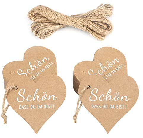 jijAcraft Schön DASS DU DA BIST Anhänger: Herz Kraftpapier Geschenkeanhänger 6CM Papier Anhänger für Hochzeit 100 Stück Braun Papieretiketten mit Schnur für Kommunion, Gastgeschenke